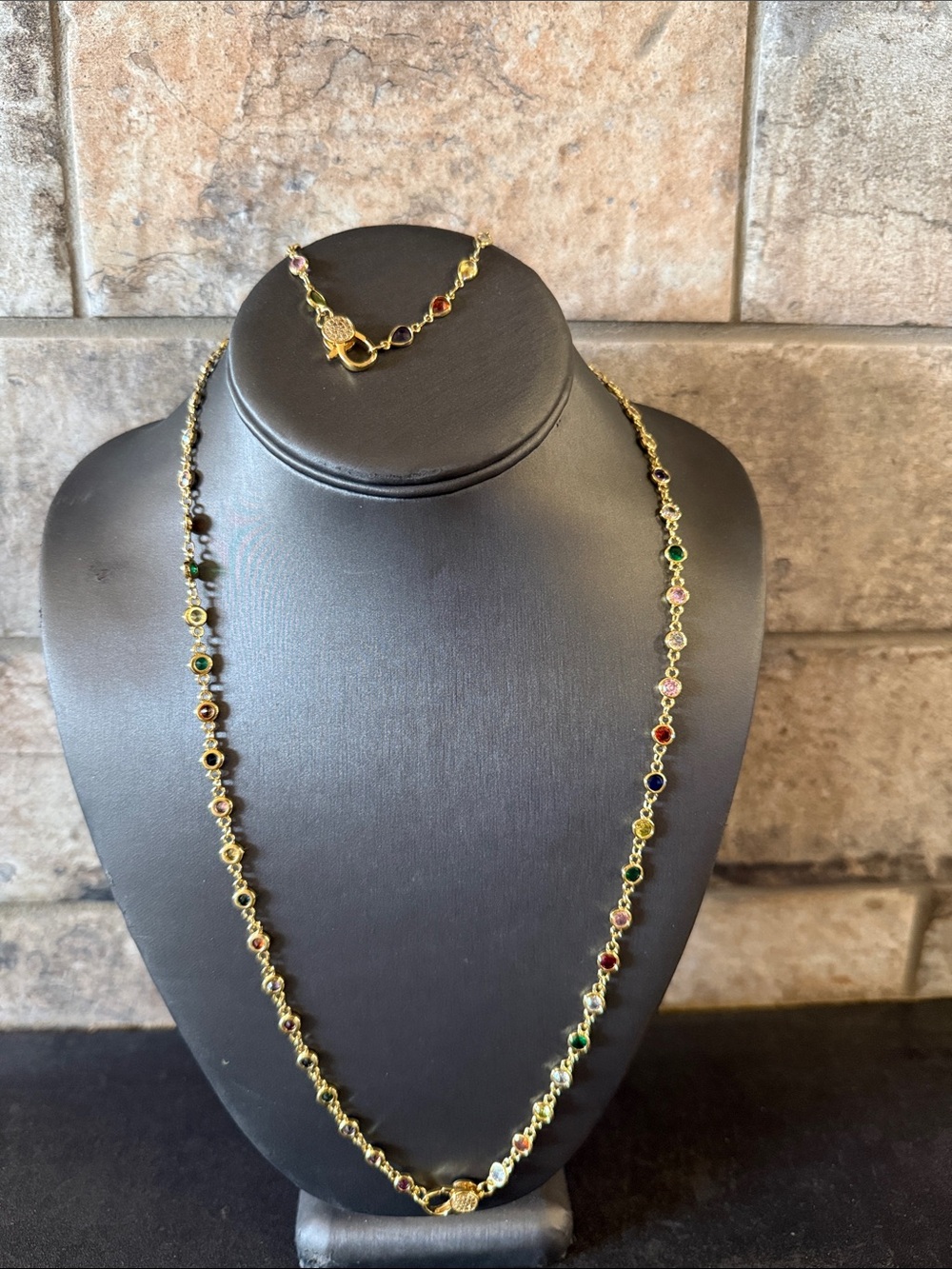 Gold Multicolor Station Necklace and Bracelet by Freida Rothman